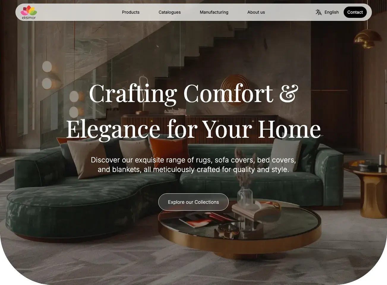 Eksimor homepage with a serif headline over a furnished living room