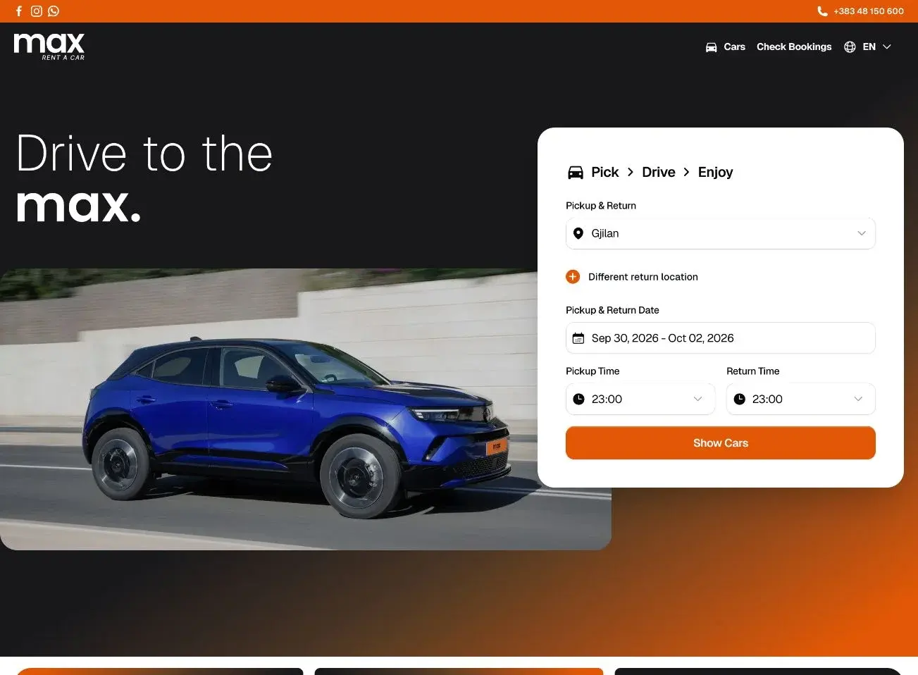 Max Rent a Car homepage with a blue Opel Mokka and the pickup search
