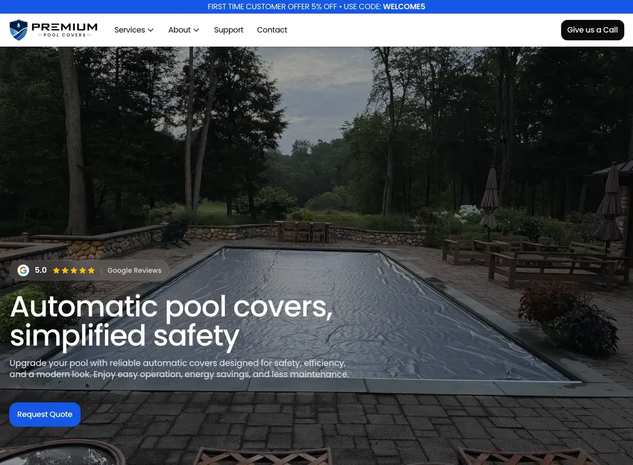 Premium Pool Covers homepage with a covered pool and the Request Quote button